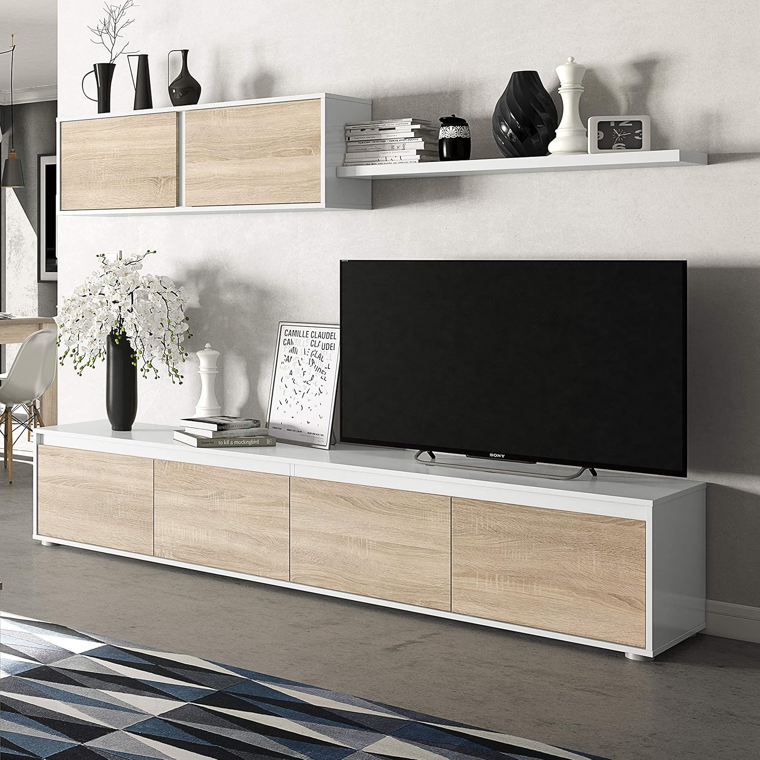 Kệ Tivi Gỗ MDF Kèm Tủ Treo Tường – Phối Màu Trắng & Vân Gỗ Hiện Đại | Như Ý Funi